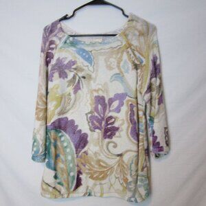 Chico's Sweater Cotton Knit Floral Printed 3/4 Sleeve Grandma Comfy Womens Large